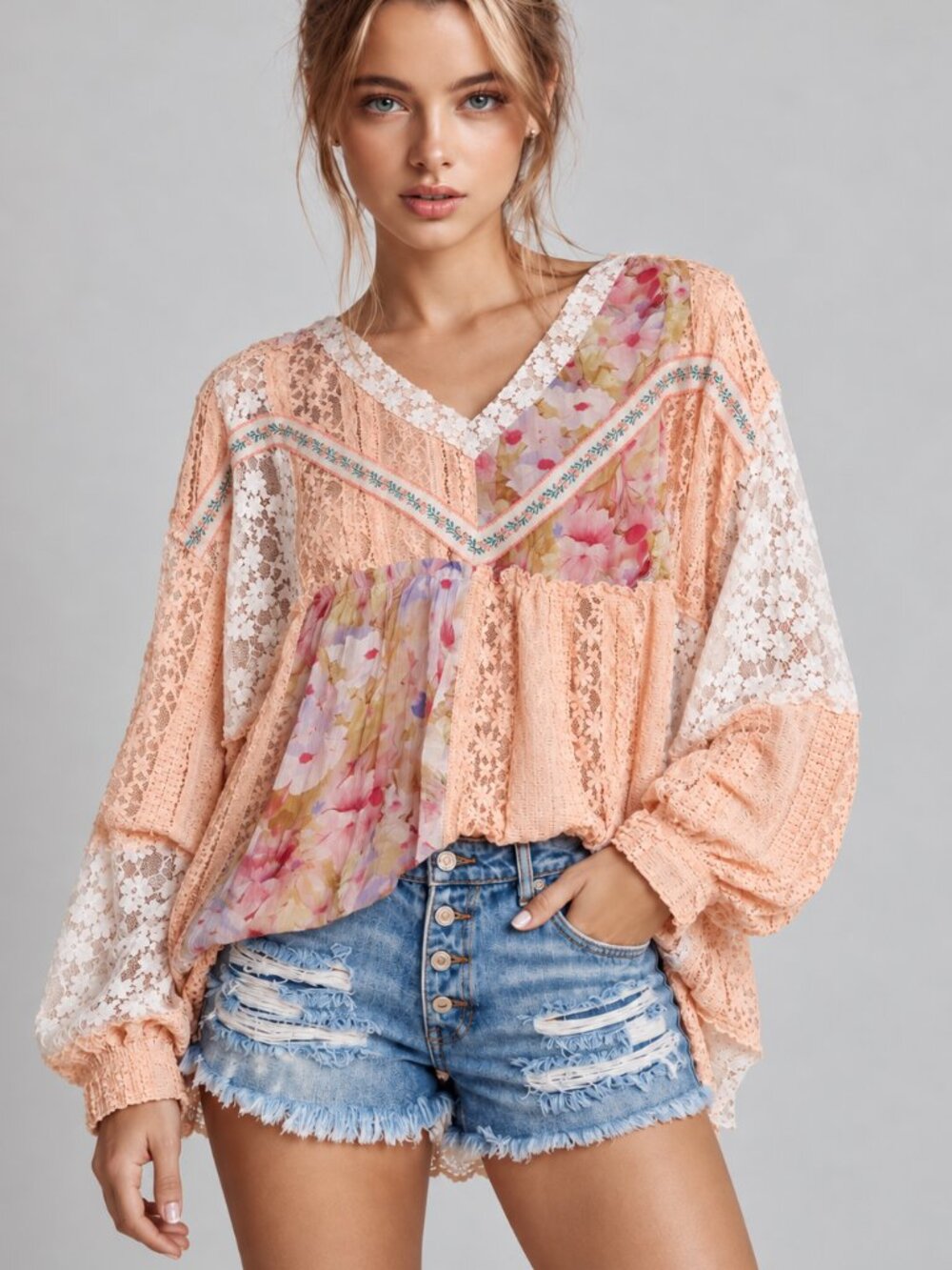 POL Oversized Floral Lace Patchwork Flowy Boho Top Peach Ivory NWT